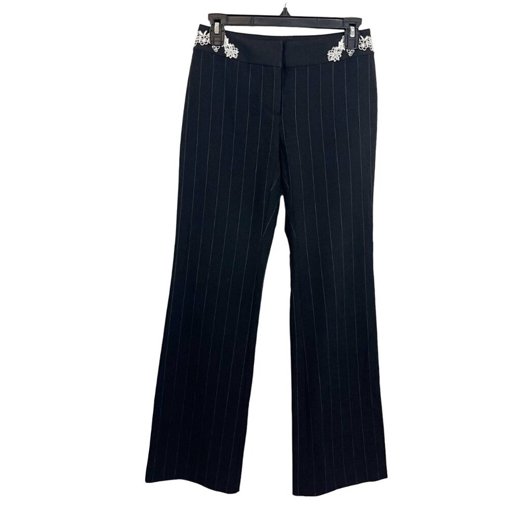 Vintage Y2K Black Pin Striped Low Rise Flare Pants Floral Office Siren Size 2P‎